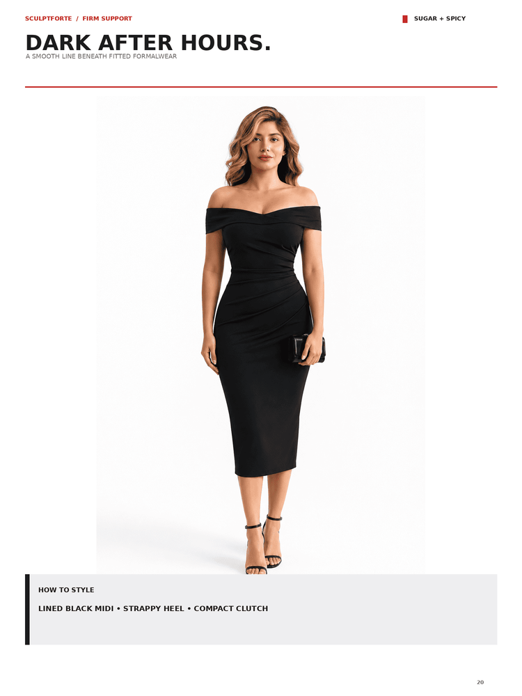 A woman modeling a fitted off-the-shoulder black midi dress against a white background, with printed text at the top and bottom describing the look and styling.
