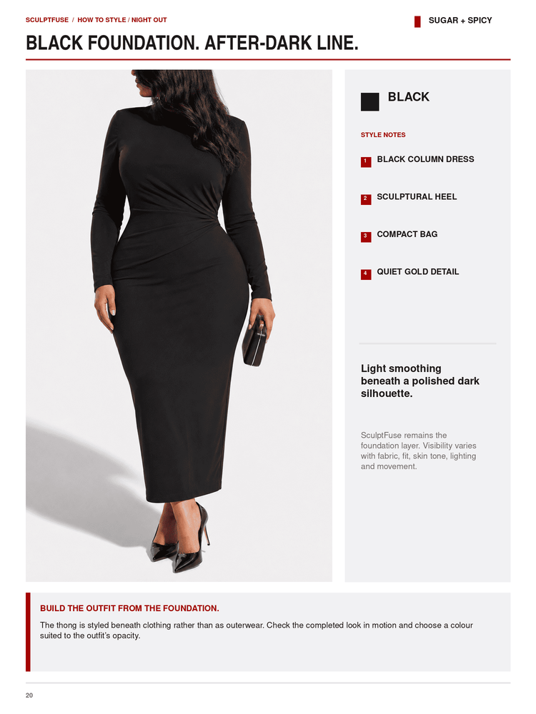 A fashion catalog page showing a woman modeling a fitted black long-sleeve column dress with a small black bag, alongside text notes and styling information for a black foundation dress.