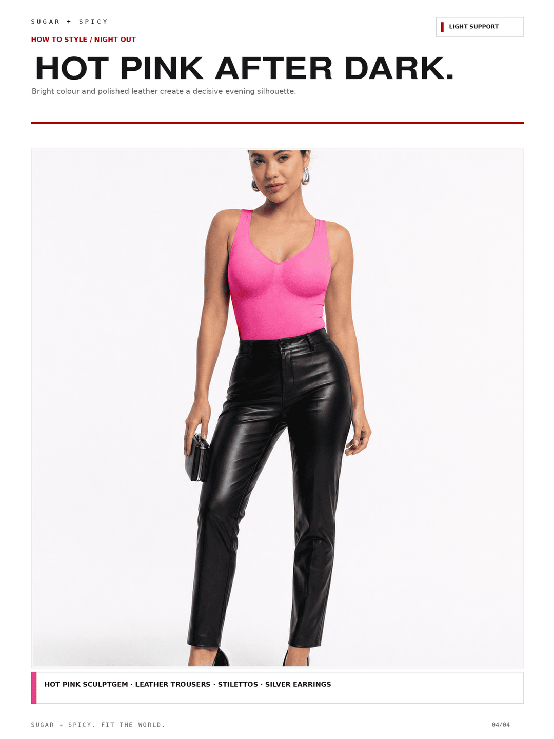 A model wearing a bright hot pink scoop-neck bodysuit and black faux leather trousers, standing against a plain white studio background. The image is styled like a fashion magazine cover with text headers reading &