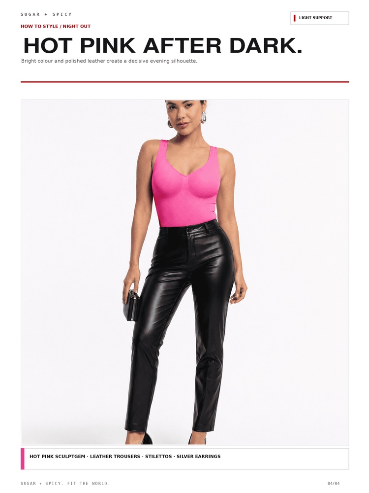 A model wearing a bright hot pink scoop-neck bodysuit and black faux leather trousers, standing against a plain white studio background. The image is styled like a fashion magazine cover with text headers reading 'HOT PINK AFTER DARK.
