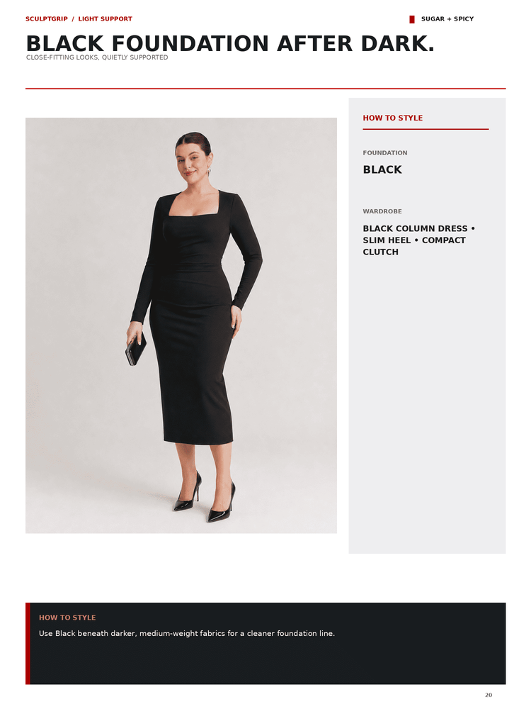 A fashion editorial page showing a model wearing a fitted black long-sleeve midi dress against a light gray studio background. The page includes large headline text, styling tips, and product text, with the product being the black dress.