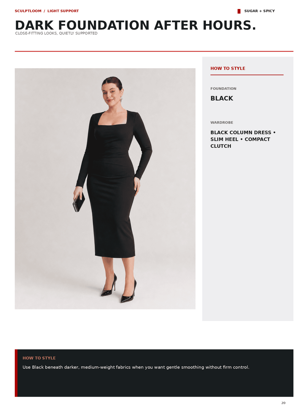 A fashion editorial page showing a model wearing a fitted black long-sleeve midi dress against a light gray studio background. The page includes large headline text, styling tips, and product text, with the product being the black dress.