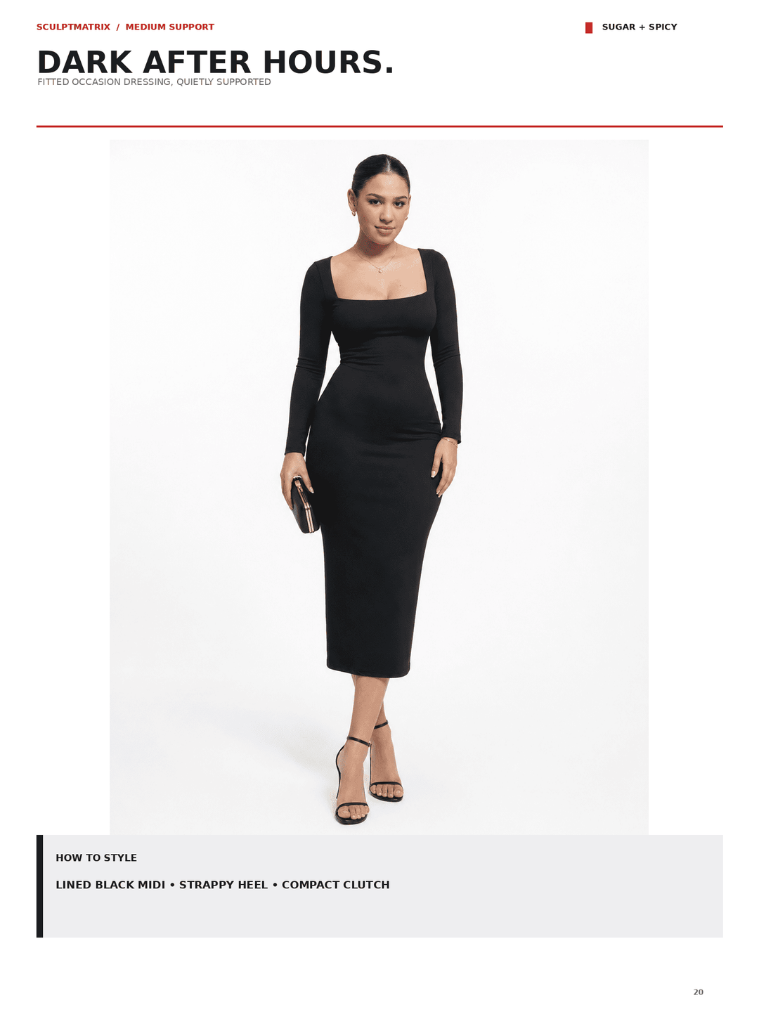 A model wearing a fitted black long-sleeve midi dress with a square neckline, styled with black strappy heels and a small black clutch, on a white studio background. The page header reads &