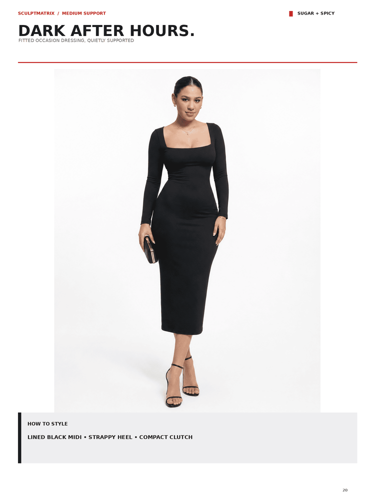 A model wearing a fitted black long-sleeve midi dress with a square neckline, styled with black strappy heels and a small black clutch, on a white studio background. The page header reads 'DARK AFTER HOURS.