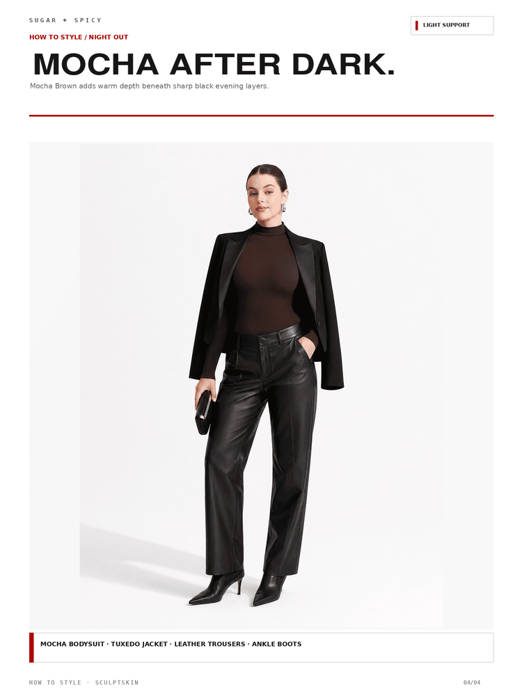 A fashion editorial-style product image showing a model wearing a black tailored jacket, dark brown mock-neck top, black leather-look trousers, and black ankle boots against a light gray background. Large text at the top reads 'MOCHA AFTER DARK.