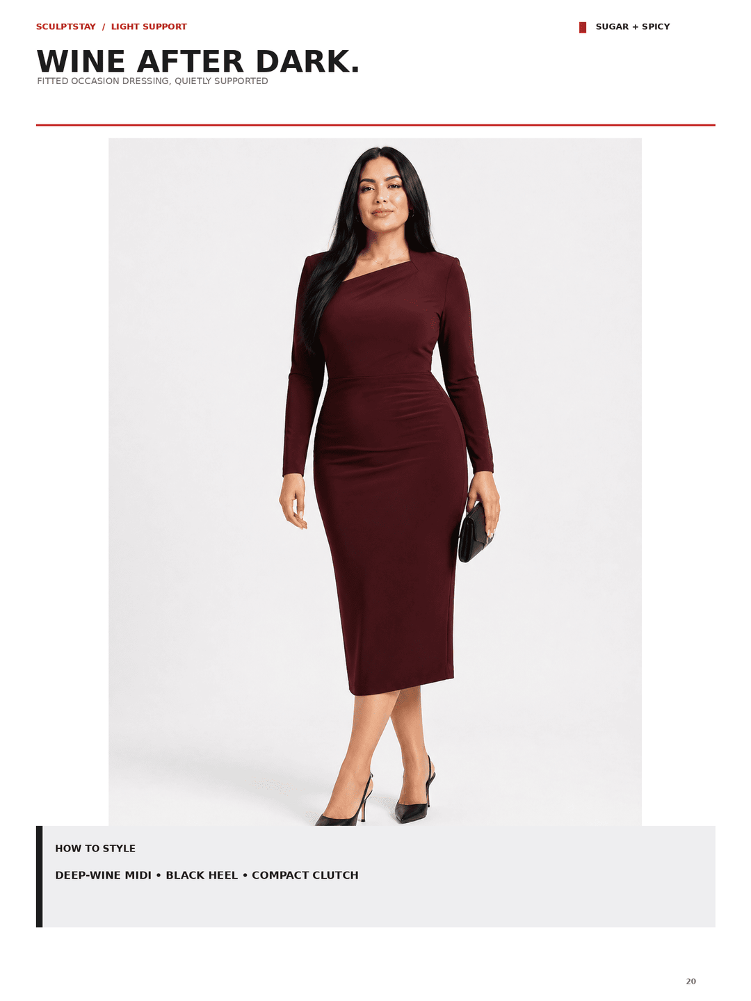 A woman modeling a fitted long-sleeve midi dress in deep wine red on a light gray studio background. The image appears to be a catalog page with text reading &