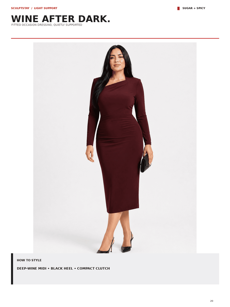 A woman modeling a fitted long-sleeve midi dress in deep wine red on a light gray studio background. The image appears to be a catalog page with text reading 'WINE AFTER DARK.