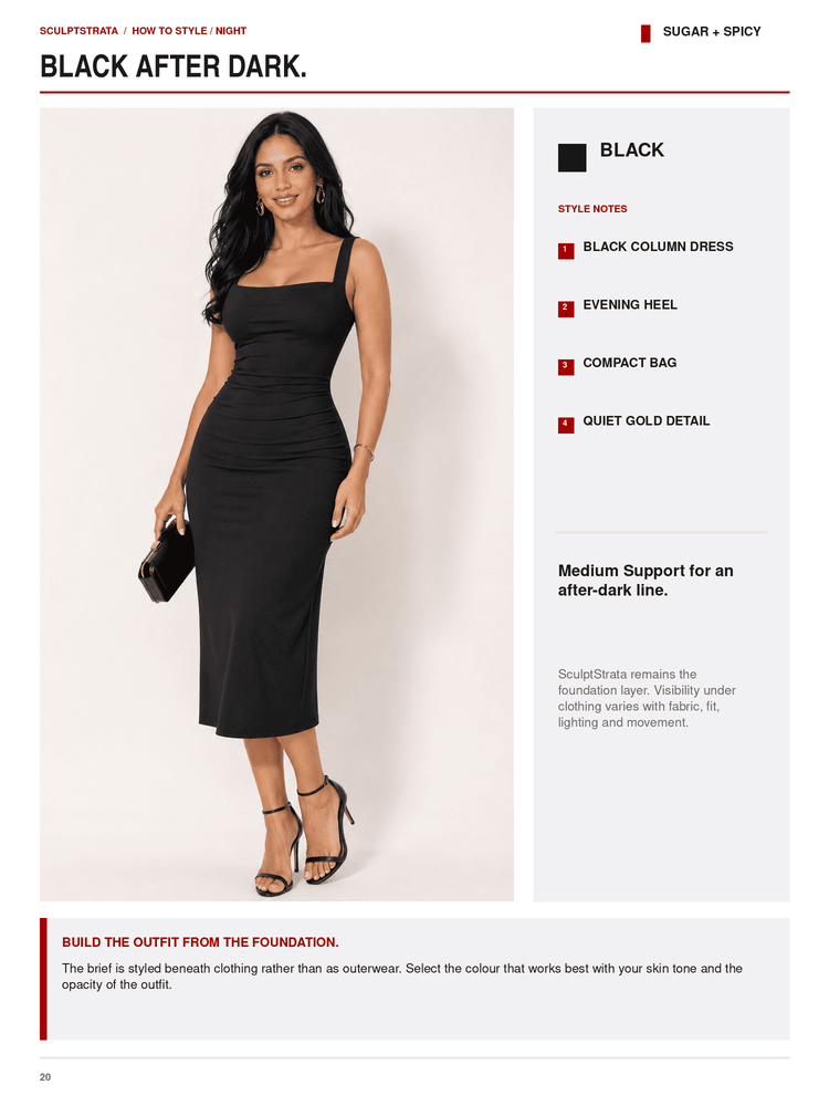 A fashion guide page showing a model wearing a black strapless column dress with black strappy heels, styled with a small black handbag. The page includes text notes and styling tips for a 'Black After Dark' look under the 'Sculptedwear' brand.