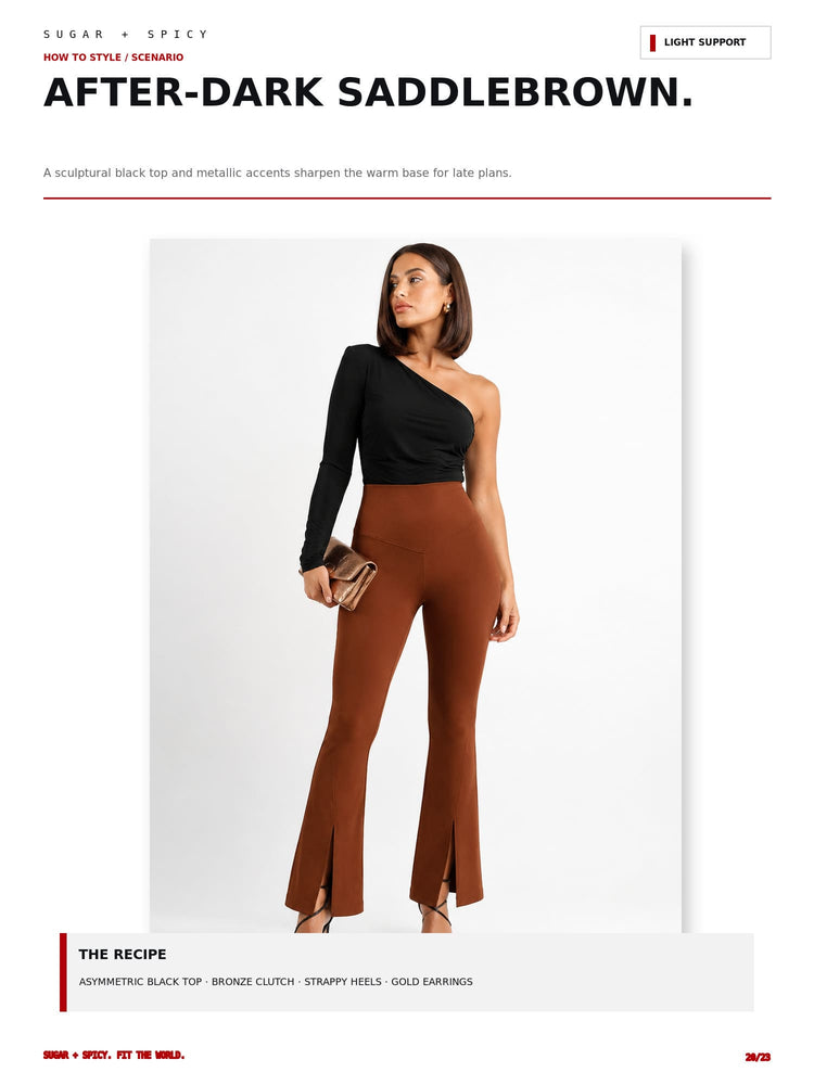 A fashion editorial page showing a model wearing a one-shoulder black top and brown flared pants against a white background, with text reading 'AFTER-DARK SADDLEBROWN' and styling notes.