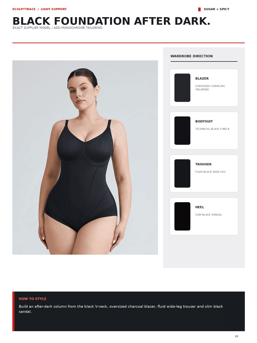 A catalog page showing a model wearing a black one-piece bodysuit or shapewear garment against a light gray studio background. The page includes the text &
