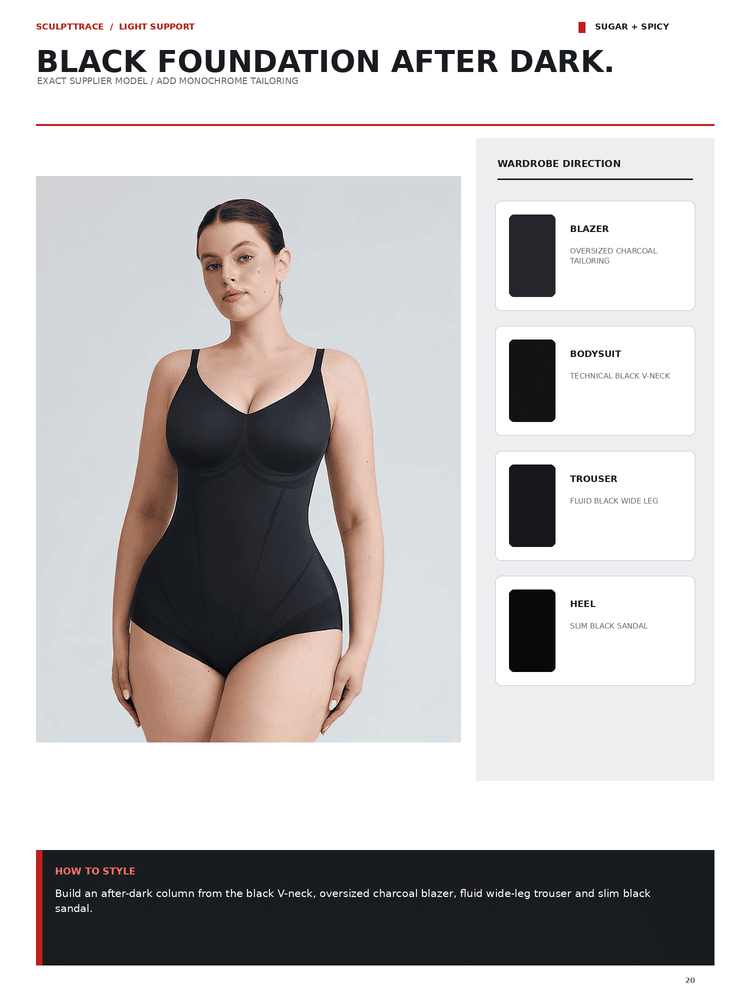 A catalog page showing a model wearing a black one-piece bodysuit or shapewear garment against a light gray studio background. The page includes the text 'BLACK FOUNDATION AFTER DARK.