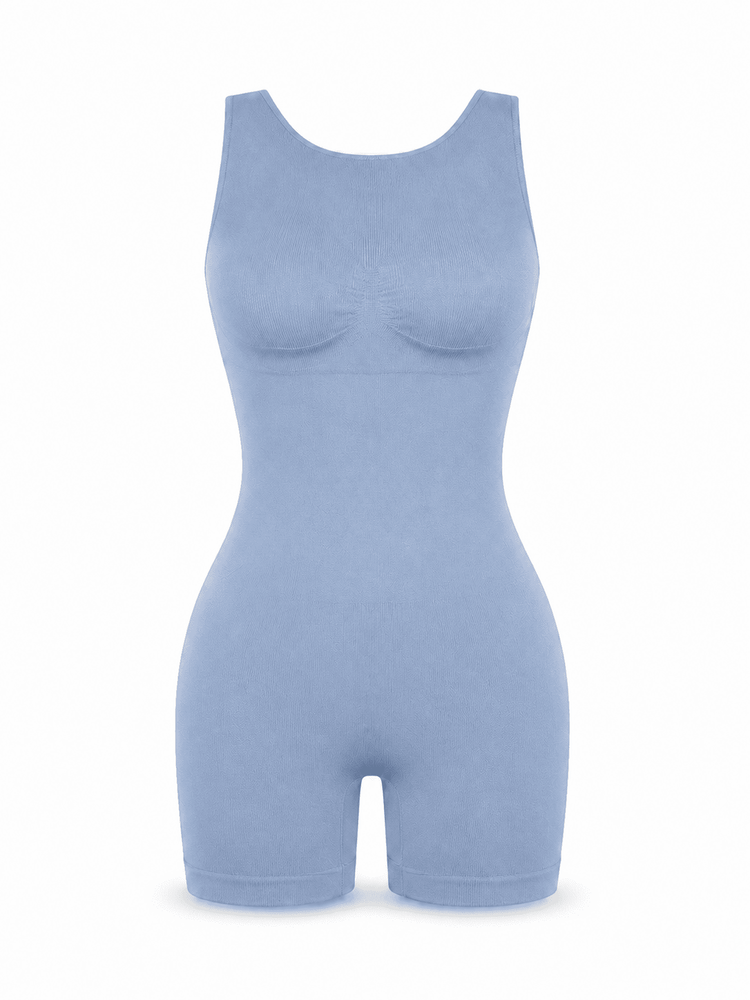 A light blue sleeveless bodysuit with built-in molded cups and short legs, shown on a plain white background.