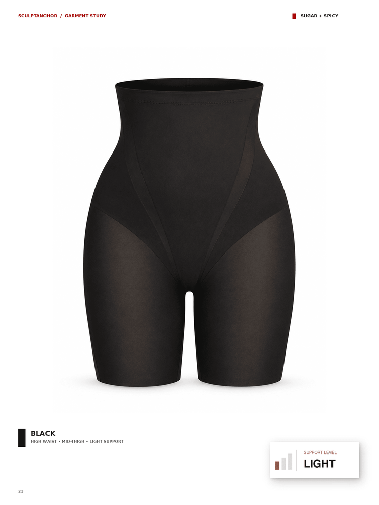 Black high-waisted compression shorts shown on a white background, with text labels indicating 'SCAPFANCHER / GARMENT STUDY' and 'BLACK'.