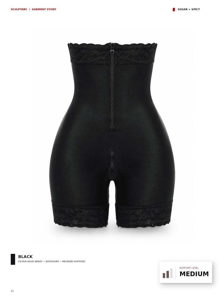 Black high-waisted compression shorts with lace trim at the waistband and leg hems, shown from the back on a white background with catalog text and a support level badge.
