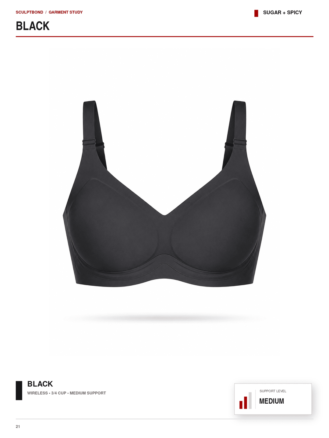 A black wireless medium-support bra centered on a white page, with text labels reading BLACK and SUGAR + SPICY, plus small branding text at the top.
