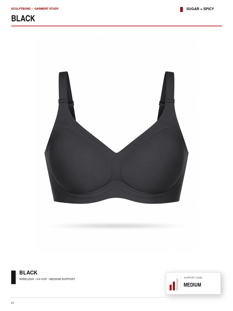 A black wireless medium-support bra centered on a white page, with text labels reading BLACK and SUGAR + SPICY, plus small branding text at the top.