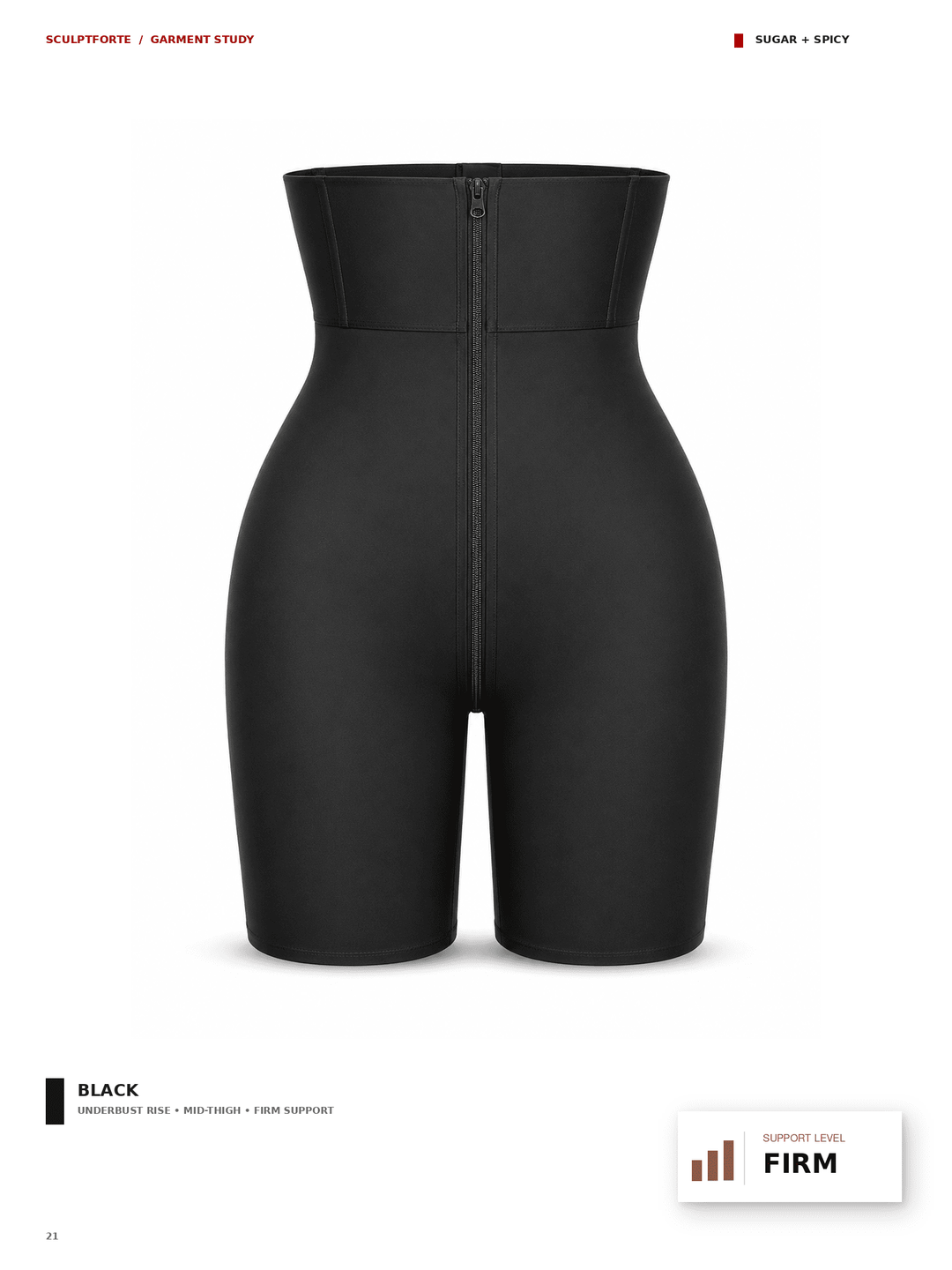 A black high-waisted compression shorts garment shown from the front on a white background, with a center zipper and small text labels in the corners.