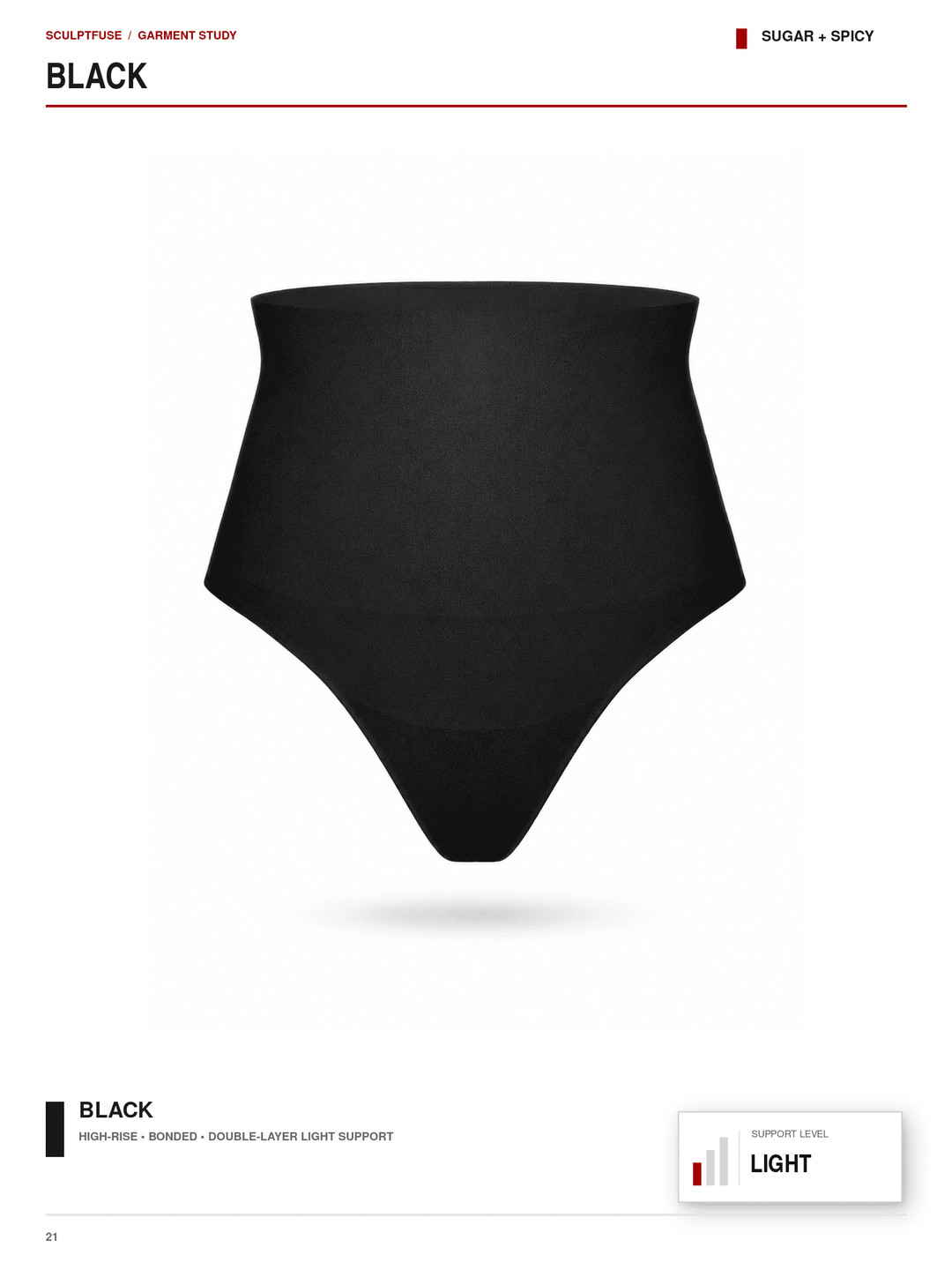 A black high-waisted compression brief or support brief centered on a white page, with text labels reading BLACK and sugar + spicy at the top and additional black text at the bottom.