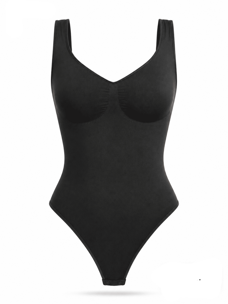 A black full-body shapewear bodysuit shown on a white background, with text labels indicating 'SUGAR + OPIY' and 'SCULPTIUM BLACK' at the top left and a support level badge reading 'LIGHT' at the bottom right.
