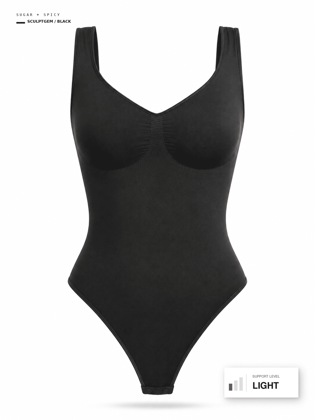 A black full-body shapewear bodysuit shown on a white background, with text labels indicating &