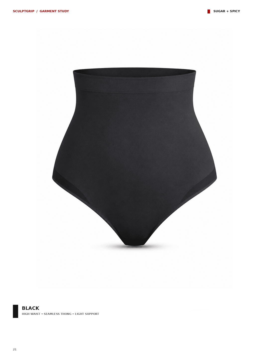 A high-waisted black shapewear brief centered on a white background, with small text labels at the top and bottom describing the shade as black and noting light support.