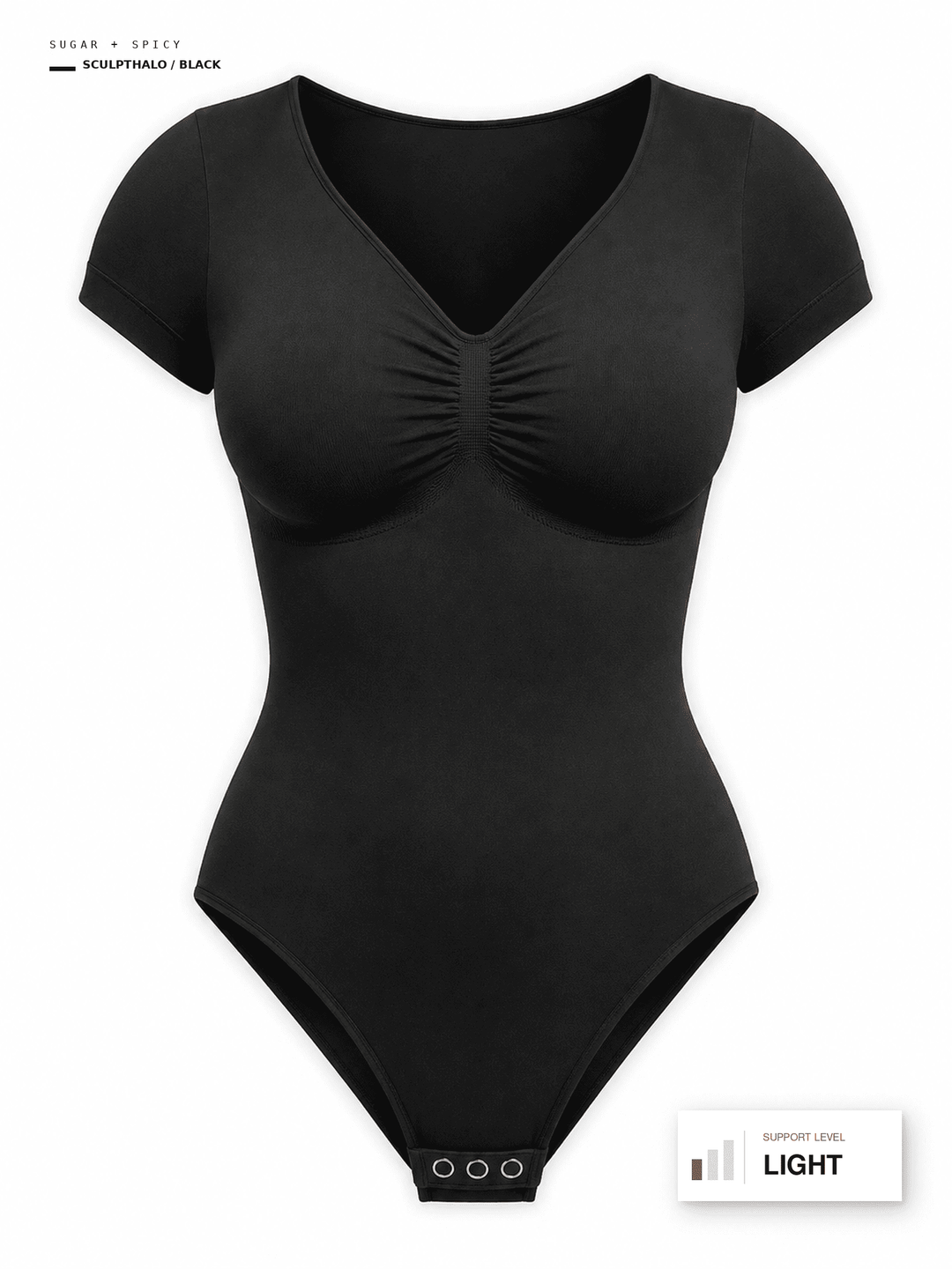 A black short-sleeve bodysuit with a V-neckline and gathered bust detail, shown on a plain white background. Small text labels in the corners indicate color and support level.