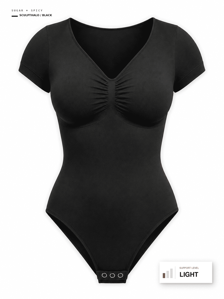 A black short-sleeve bodysuit with a V-neckline and gathered bust detail, shown on a plain white background. Small text labels in the corners indicate color and support level.