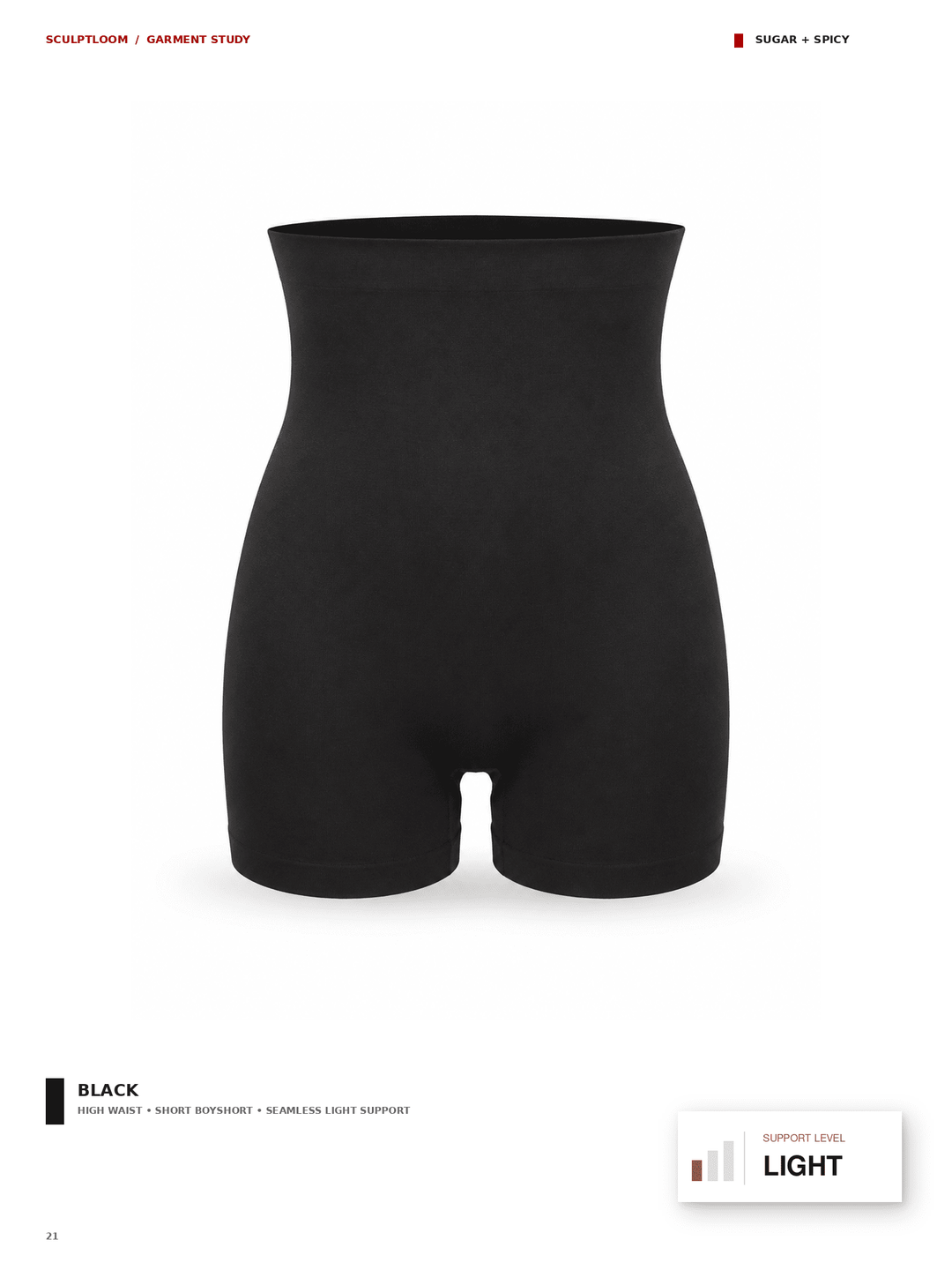Black high-waisted compression shorts shown from the front on a white background, with small text labels reading &
