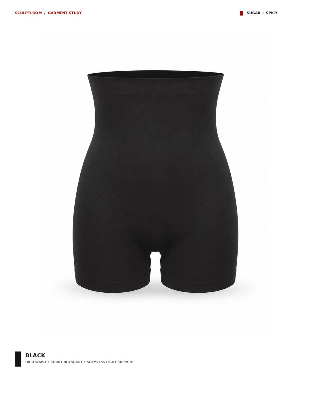 Black high-waisted compression shorts shown from the front on a white background, with small text labels reading &