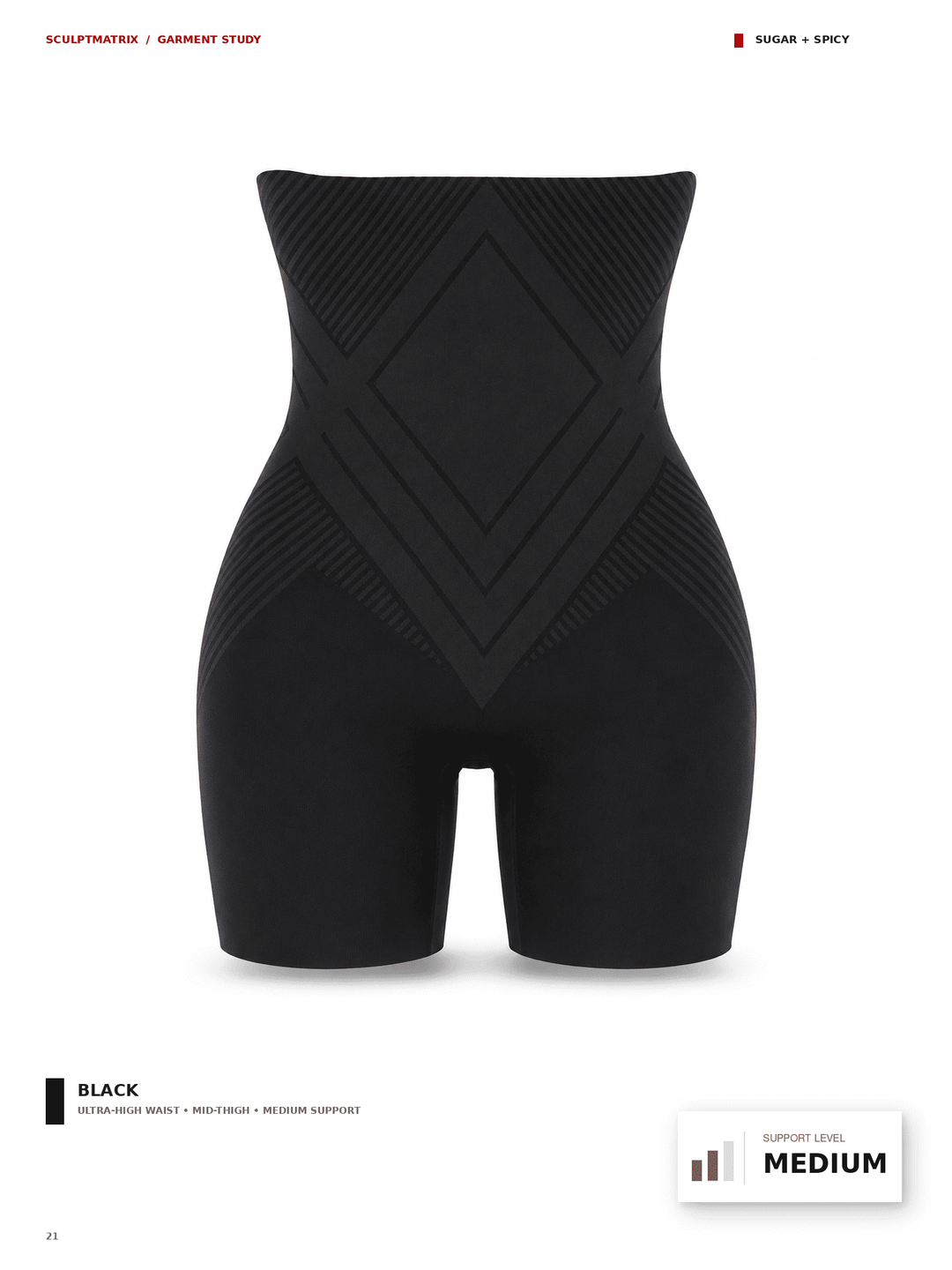Black high-waisted shapewear shorts with a textured geometric diamond pattern on the front, shown on a white background with product details and a support level badge.