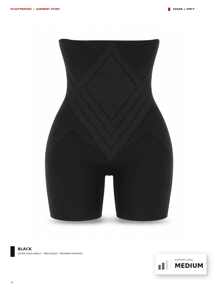 Black high-waisted shapewear shorts with a textured geometric diamond pattern on the front, shown on a white background with product details and a support level badge.