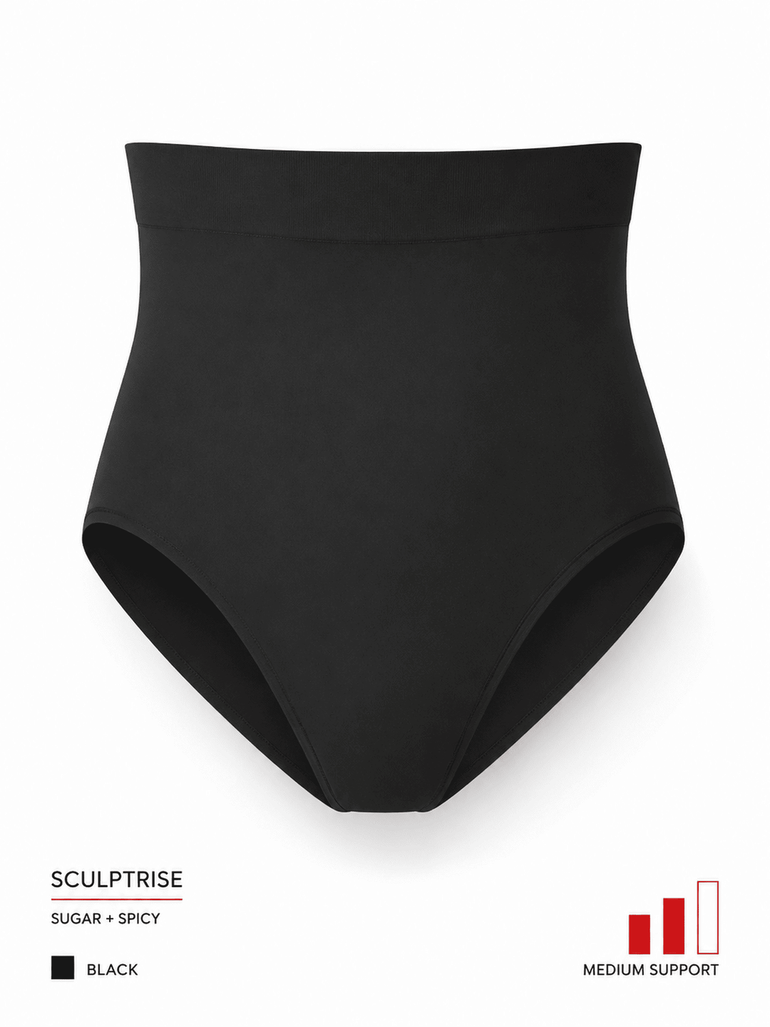 Black high-waisted briefs shown on a white background with text indicating the product name &