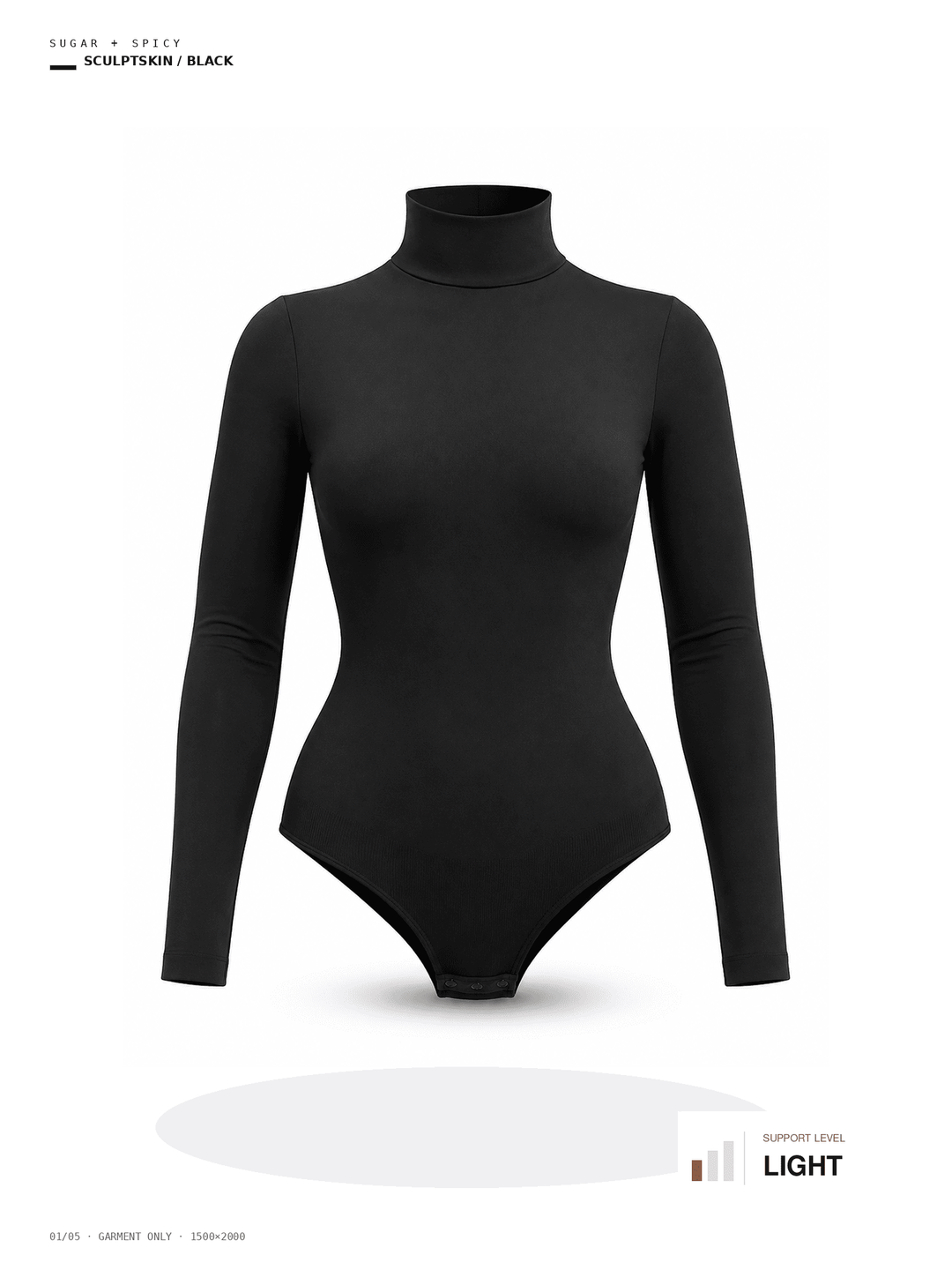 A black long-sleeve mock neck bodysuit displayed on a ghost mannequin against a white background, with text overlays indicating &
