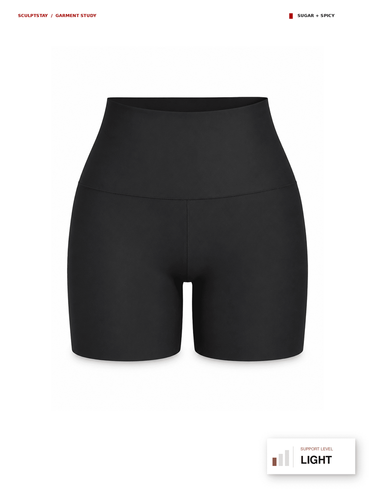 Black high-waisted compression shorts shown on a white background with catalog text and a support-level label.