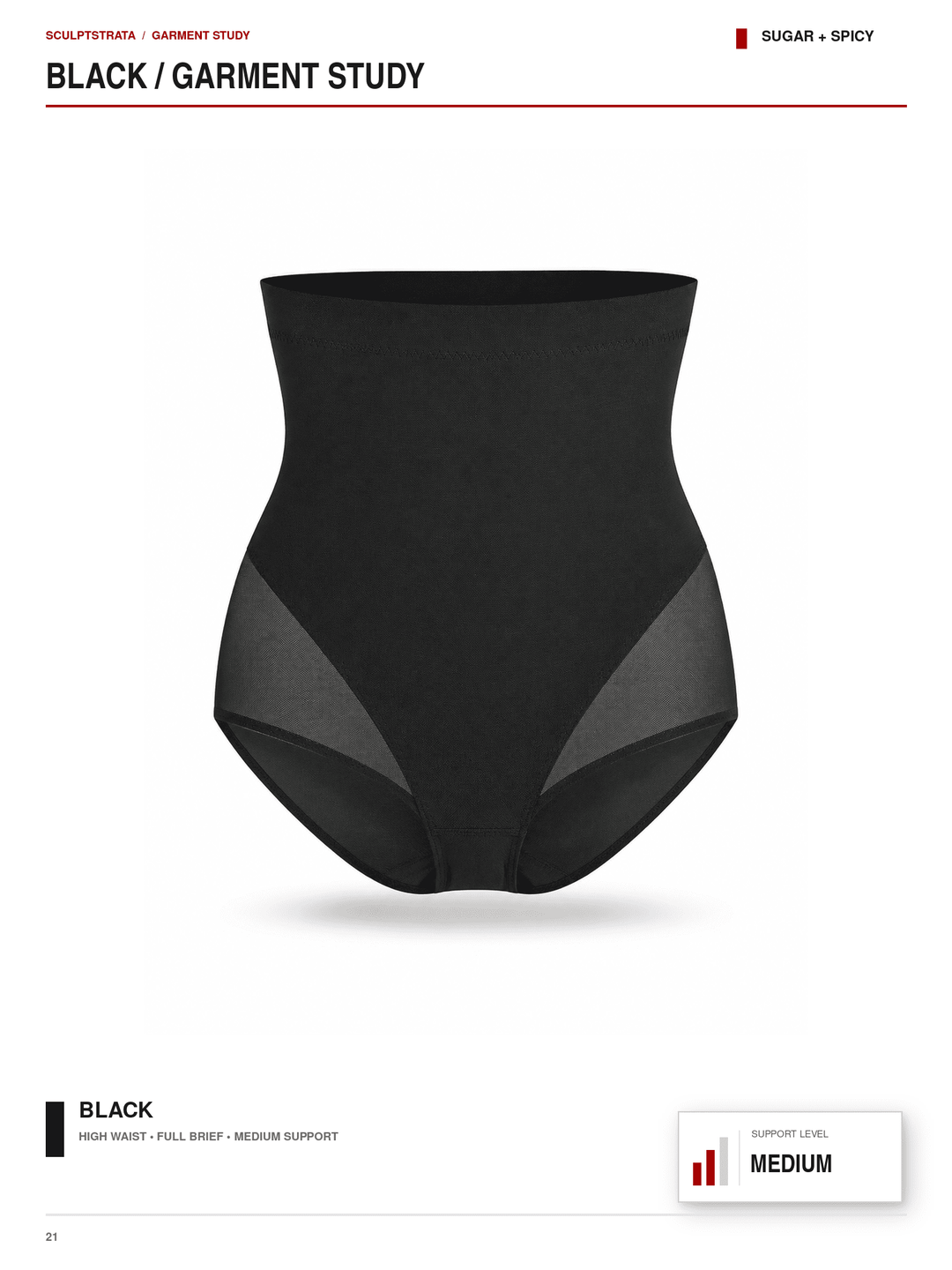 A black high-waisted shapewear brief with sheer side panels, shown on a white page from a garment study catalog. The page includes text labels &