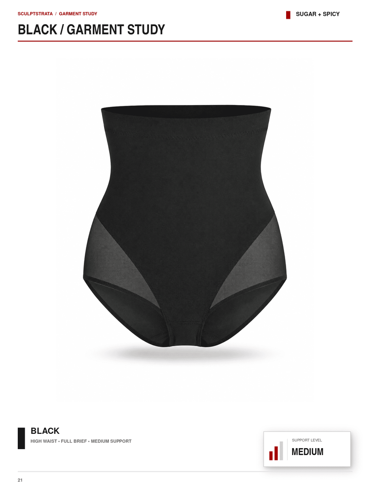 A black high-waisted shapewear brief with sheer side panels, shown on a white page from a garment study catalog. The page includes text labels 'BLACK / GARMENT STUDY', 'SUGAR + SPICY', and 'BLACK'.