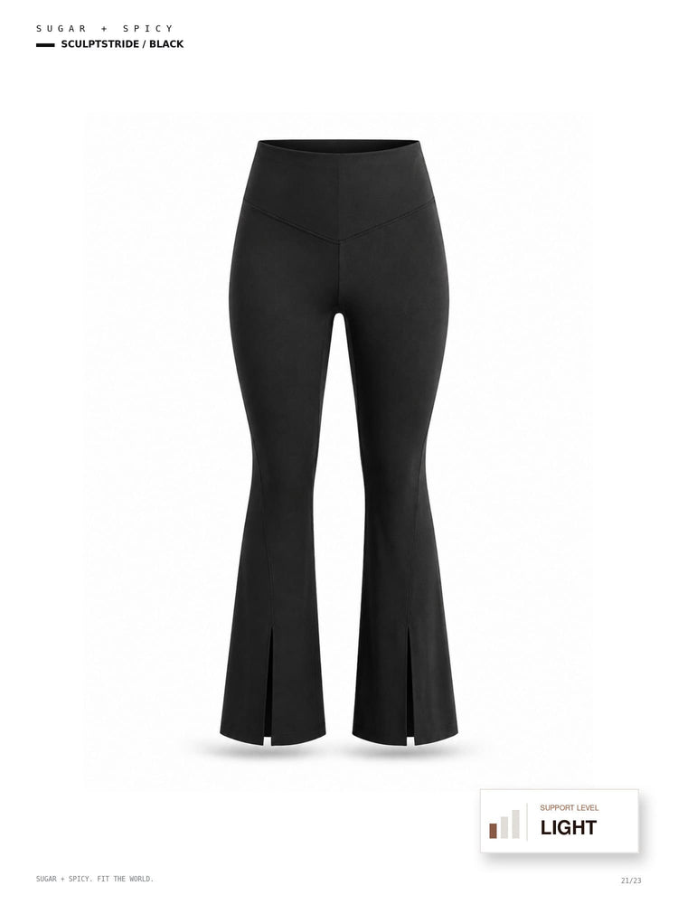 Black flared leggings with front slit details, shown on a white background with text labels 'SUGAR + SPICY' and 'SCULPTSTRIDE / BLACK' at the top and 'SUPPORT LEVEL LIGHT' at the bottom right.