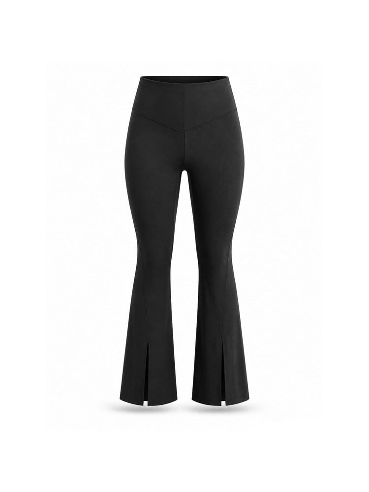 Black flared leggings with front slit details, shown on a white background with text labels 'SUGAR + SPICY' and 'SCULPTSTRIDE / BLACK' at the top and 'SUPPORT LEVEL LIGHT' at the bottom right.