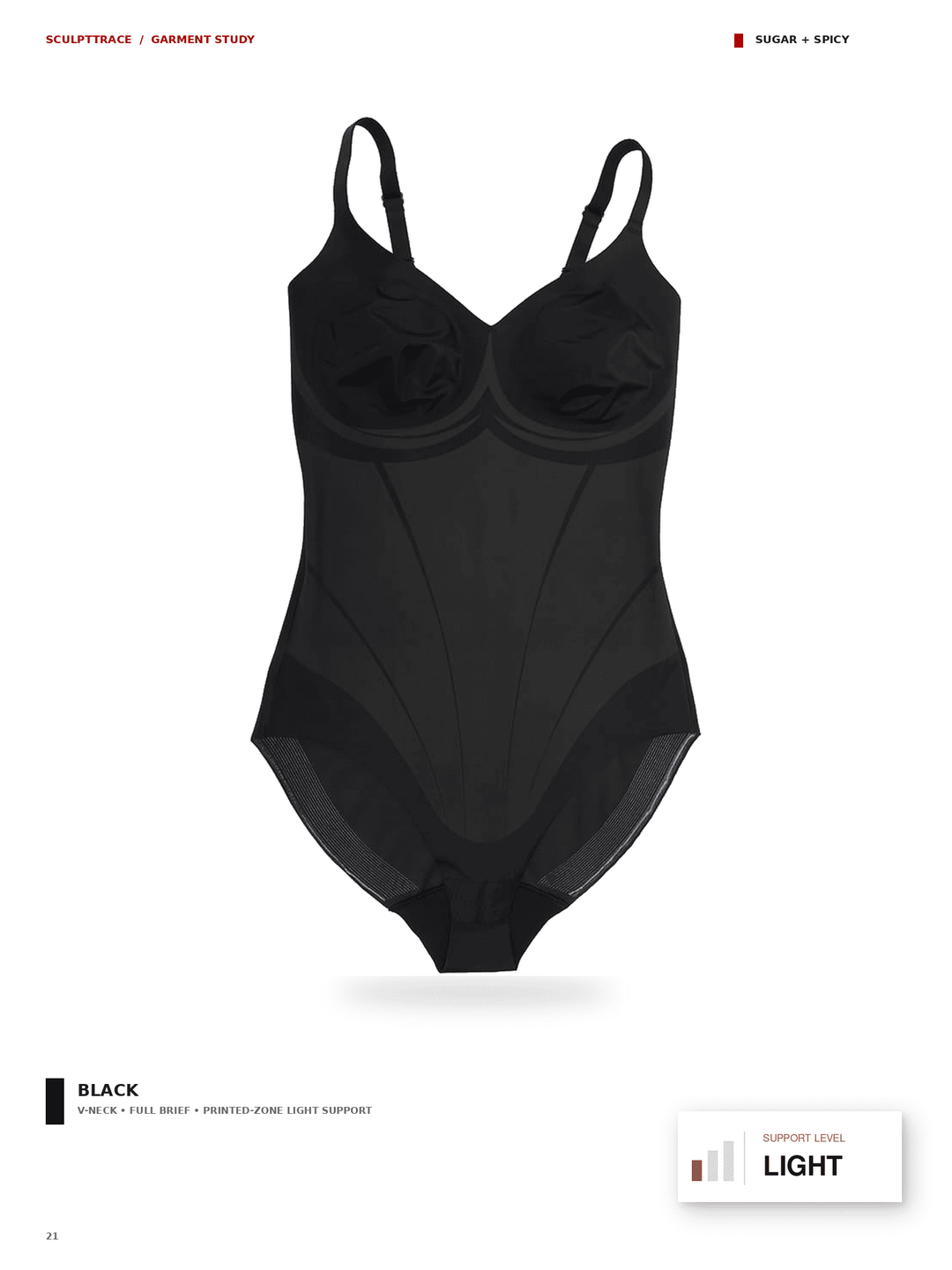 A black full-body shaping bodysuit shown flat against a white background, with thin shoulder straps, molded cups, and a sheer lower section. Small printed text appears around the garment, including &
