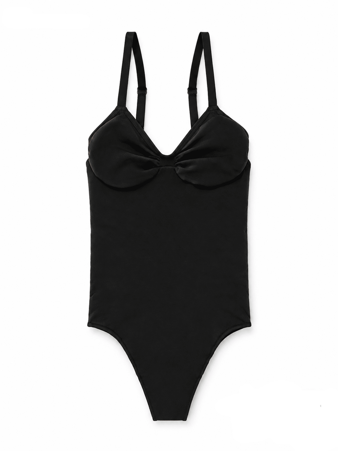 A black one-piece swimsuit with a sweetheart neckline and a prominent bow detail at the bust, shown flat against a white background with text labels indicating color and support levels.