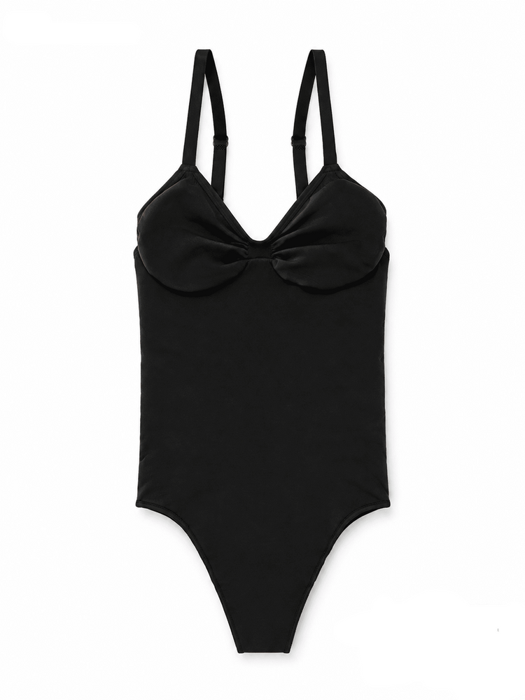 A black one-piece swimsuit with a sweetheart neckline and a prominent bow detail at the bust, shown flat against a white background with text labels indicating color and support levels.