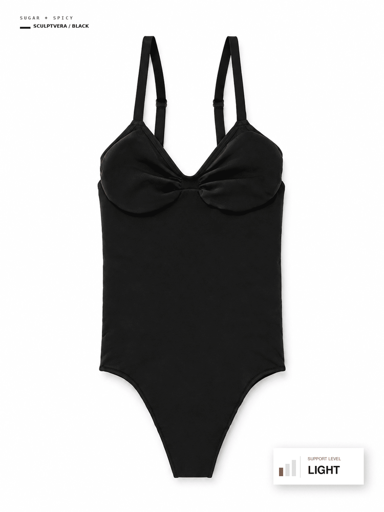A black one-piece swimsuit with a sweetheart neckline and a prominent bow detail at the bust, shown flat against a white background with text labels indicating color and support levels.
