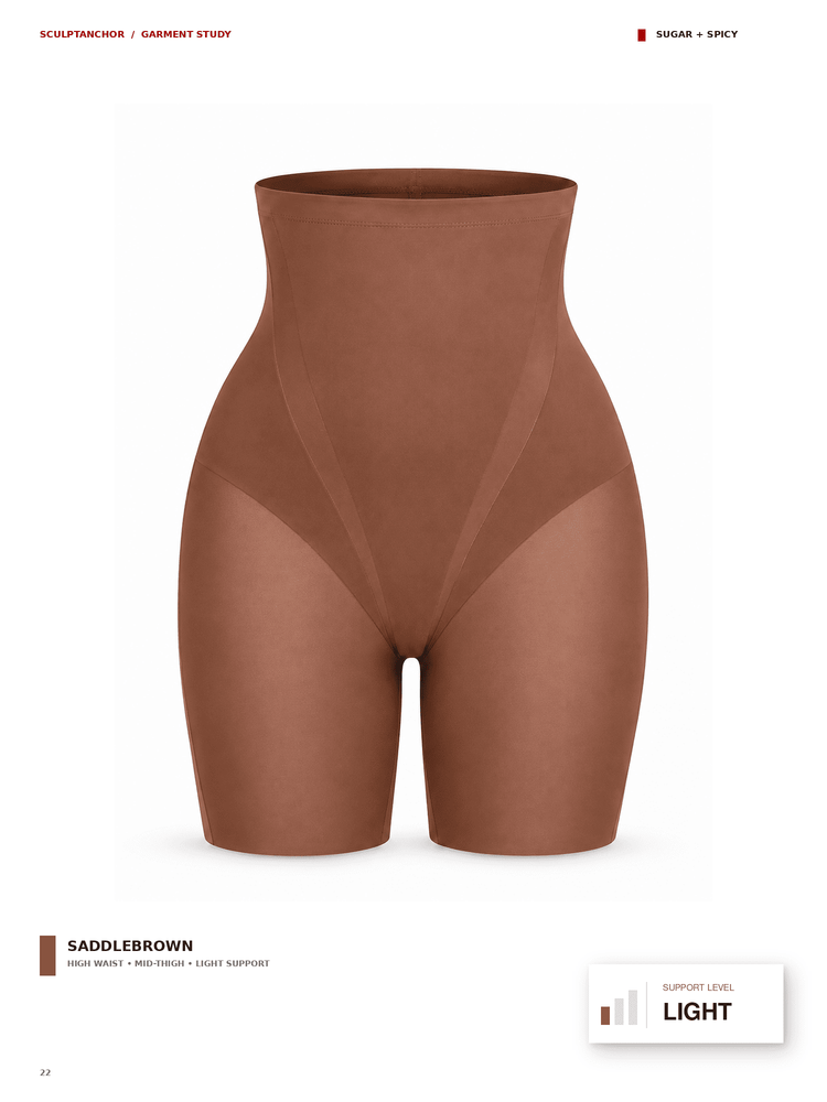 A high-waisted shapewear brief in saddlebrown, shown on a white background with text labels indicating the color and support level.