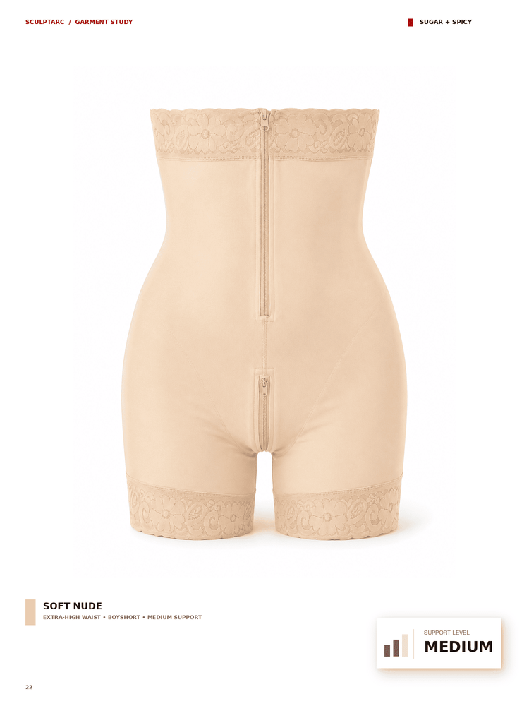 A high-waisted nude shapewear brief with lace trim at the waistband and leg hems, shown from the back on a white background with catalog text and a support level badge.