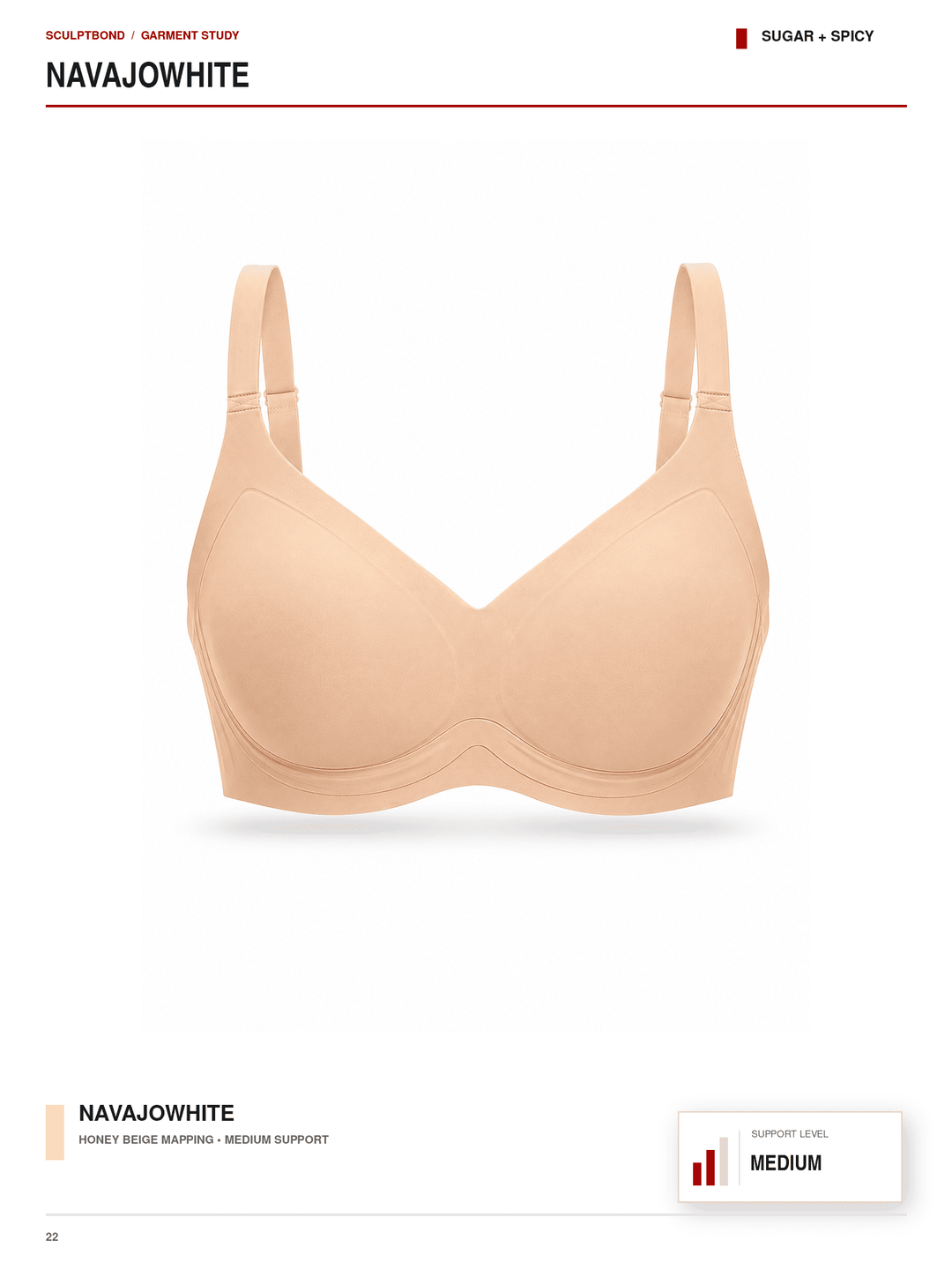 A seamless, wireless bra in a light beige/nude shade, shown from the front on a white background with catalog text overlays.