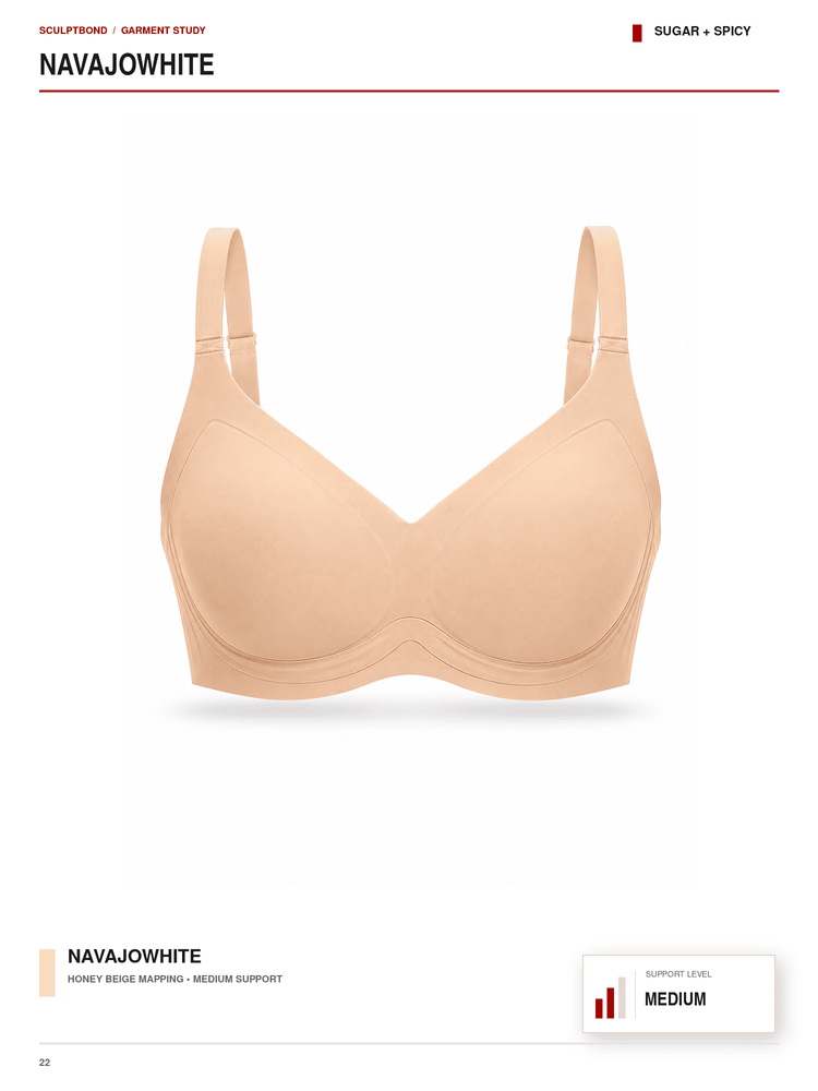 A seamless, wireless bra in a light beige/nude shade, shown from the front on a white background with catalog text overlays.
