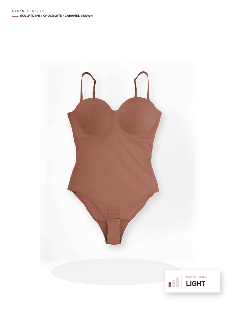 A single-piece molded bodysuit in a warm caramel brown shade, shown floating against a white background with a soft shadow. Small text at the top reads 'SCULPTED / CHOCOLATE / CARAMEL BROWN' and a label at the bottom right says 'LIGHT'.
