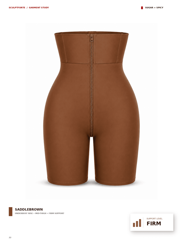 A high-waisted saddlebrown shapewear brief with a center front zipper, shown on a white background with product text and a support level badge.
