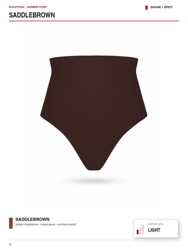 A flat digital mockup of a high-waisted bikini bottom in a solid saddlebrown color, presented on a white page with text labels and color indicators.