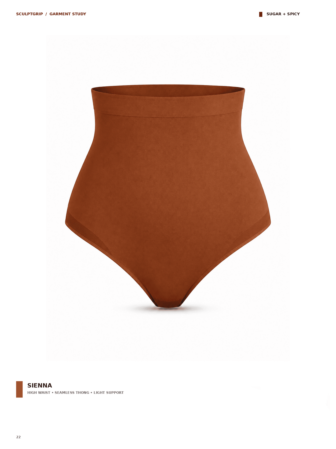 A high-waisted seamless support brief in a warm terracotta or sienna brown color, presented on a clean white background with product details and text overlays.